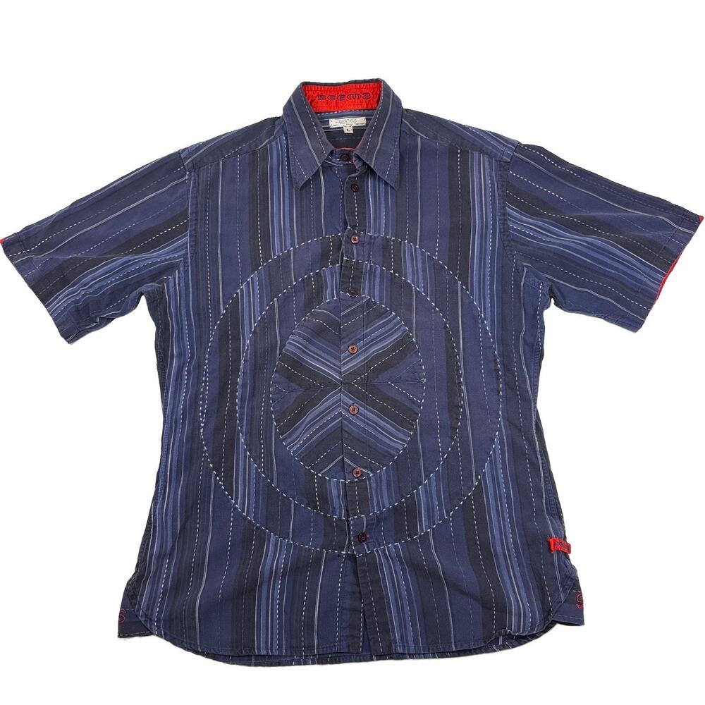SEEMS Japanese Avant Garde Striped Button Up Shirt Navy Circular Panel Large